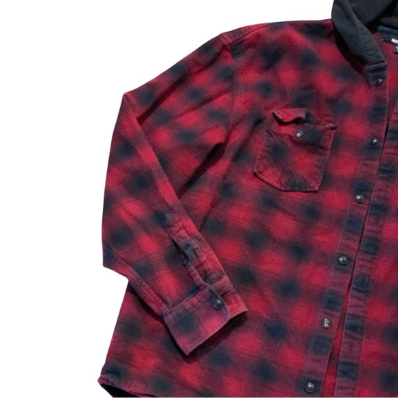 Buffalo Plaid Flannel Shirt Jacket Hooded Heavy Cotton L Red Outdoor Hiking Camp - Picture 3 of 8